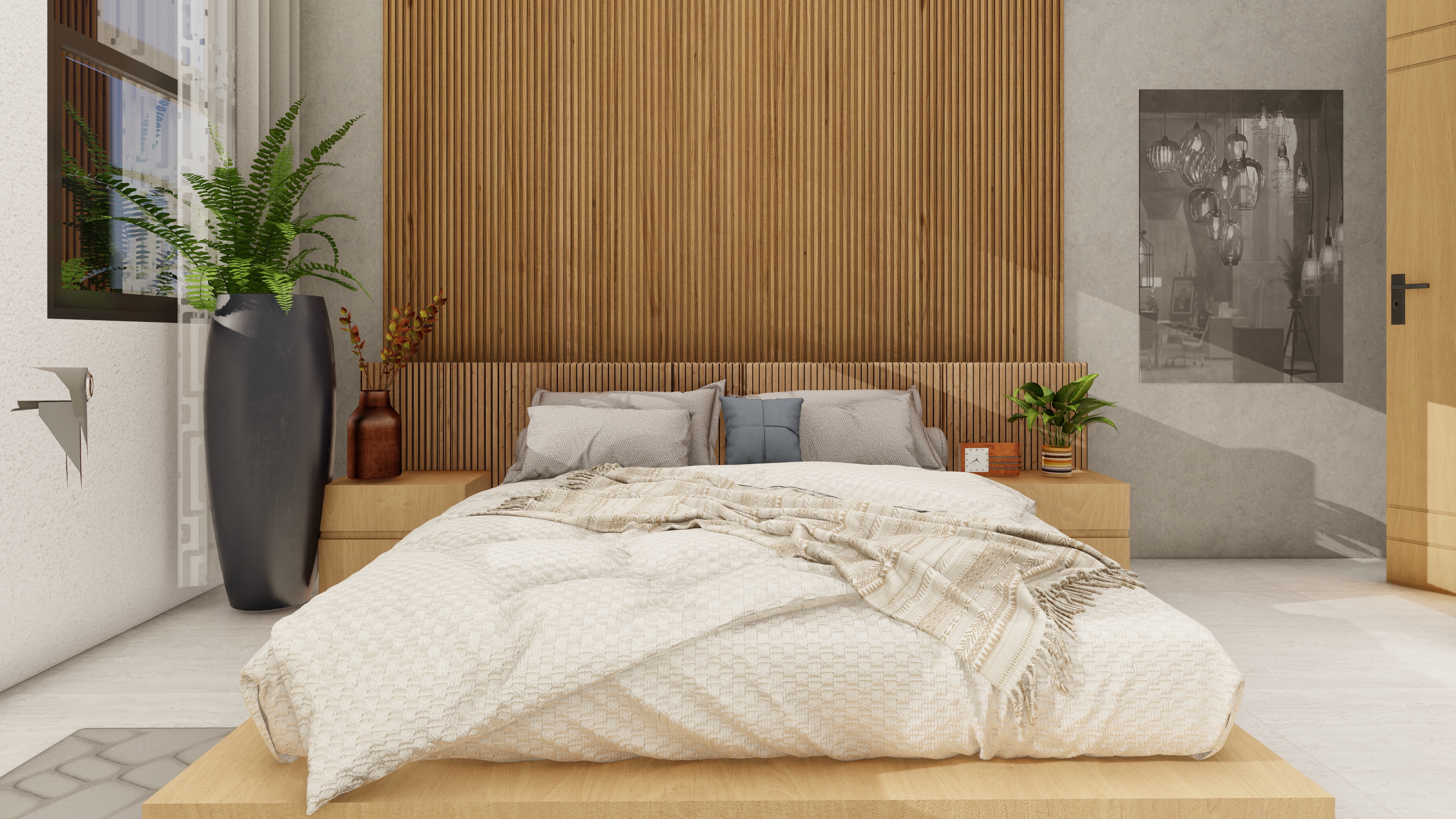 Bedroom with full wood slat accent wall